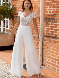 Bridal Jumpsuit Satin Fabric Lace Sweep Jumpsuit V-Neck Short Sleeves Natural Waist Ivory