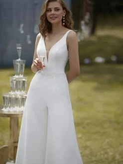 Bridal Jumpsuit Satin Fabric Sash Court Train Jumpsuit V-Neck Sleeveless Natural Waist Ivory