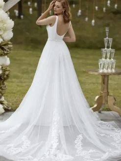 Bridal Jumpsuit Satin Fabric Sash Court Train Jumpsuit V-Neck Sleeveless Natural Waist Ivory