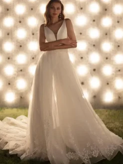Bridal Jumpsuit Satin Fabric Sash Court Train Jumpsuit V-Neck Sleeveless Natural Waist Ivory