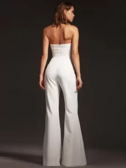 Bridal Jumpsuit Satin Fabric Pleated Floor-Length Jumpsuit Sweetheart Neck Sleeveless Natural Waist Ivory