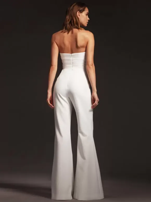 Bridal Jumpsuit Satin Fabric Pleated Floor-Length Jumpsuit Sweetheart Neck Sleeveless Natural Waist Ivory