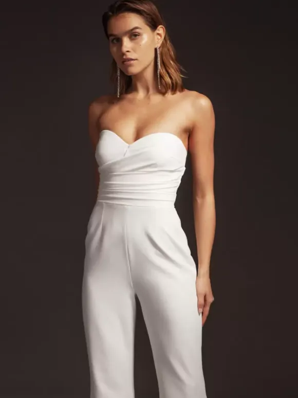 Bridal Jumpsuit Satin Fabric Pleated Floor-Length Jumpsuit Sweetheart Neck Sleeveless Natural Waist Ivory
