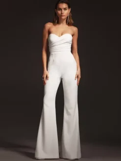 Bridal Jumpsuit Satin Fabric Pleated Floor-Length Jumpsuit Sweetheart Neck Sleeveless Natural Waist Ivory