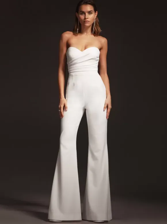 Bridal Jumpsuit Satin Fabric Pleated Floor-Length Jumpsuit Sweetheart Neck Sleeveless Natural Waist Ivory