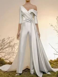 Bridal Jumpsuit Satin Fabric Pleated With Train Jumpsuit Designed Neckline Half Sleeves 30cm Natural Waist Ivory