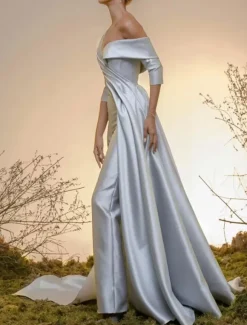 Bridal Jumpsuit Satin Fabric Pleated With Train Jumpsuit Designed Neckline Half Sleeves 30cm Natural Waist Ivory