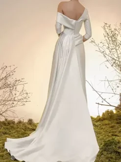 Bridal Jumpsuit Satin Fabric Pleated With Train Jumpsuit Designed Neckline Half Sleeves 30cm Natural Waist Ivory