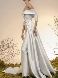 Bridal Jumpsuit Satin Fabric Pleated With Train Jumpsuit Designed Neckline Half Sleeves 30cm Natural Waist Ivory