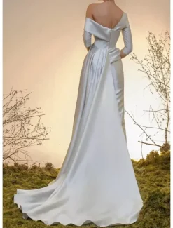 Bridal Jumpsuit Satin Fabric Pleated With Train Jumpsuit Designed Neckline Half Sleeves 30cm Natural Waist Ivory