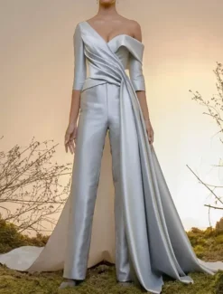 Bridal Jumpsuit Satin Fabric Pleated With Train Jumpsuit Designed Neckline Half Sleeves 30cm Natural Waist Ivory