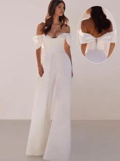 Bridal Jumpsuit Satin Fabric Floor-Length Jumpsuit Strapless Sleeveless Natural Waist Ivory