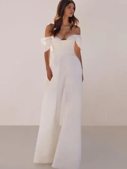 Bridal Jumpsuit Satin Fabric Floor-Length Jumpsuit Strapless Sleeveless Natural Waist Ivory