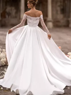 Bridal Jumpsuit Satin Fabric Pleated With Train Jumpsuit Designed Neckline Long Sleeves Natural Waist White