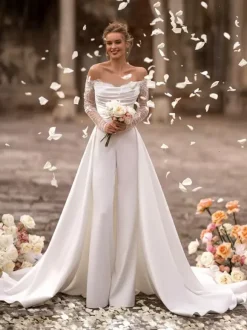 Bridal Jumpsuit Satin Fabric Pleated With Train Jumpsuit Designed Neckline Long Sleeves Natural Waist White