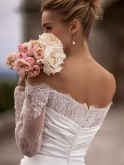Bridal Jumpsuit Satin Fabric Pleated With Train Jumpsuit Designed Neckline Long Sleeves Natural Waist White