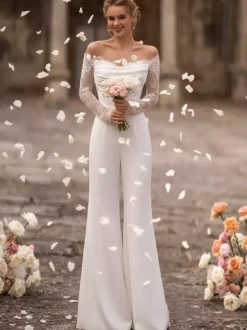 Bridal Jumpsuit Satin Fabric Pleated With Train Jumpsuit Designed Neckline Long Sleeves Natural Waist White