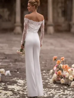 Bridal Jumpsuit Satin Fabric Pleated With Train Jumpsuit Designed Neckline Long Sleeves Natural Waist White