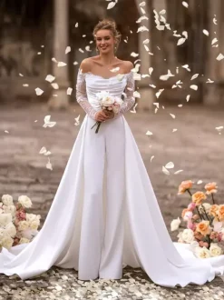 Bridal Jumpsuit Satin Fabric Pleated With Train Jumpsuit Designed Neckline Long Sleeves Natural Waist White