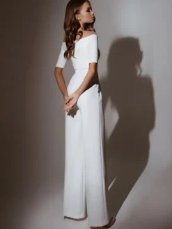 Bridal Jumpsuit Stretch Crepe Floor-Length Jumpsuit V-Neck Short Sleeves Natural Waist Ivory