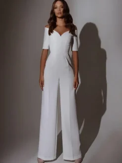 Bridal Jumpsuit Stretch Crepe Floor-Length Jumpsuit V-Neck Short Sleeves Natural Waist Ivory