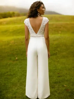 Bridal Jumpsuit Stretch Crepe Lace Floor-Length Jumpsuit V-Neck Short Sleeves Natural Waist Ivory