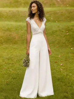 Bridal Jumpsuit Stretch Crepe Lace Floor-Length Jumpsuit V-Neck Short Sleeves Natural Waist Ivory