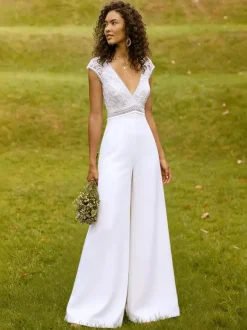Bridal Jumpsuit Stretch Crepe Lace Floor-Length Jumpsuit V-Neck Short Sleeves Natural Waist Ivory