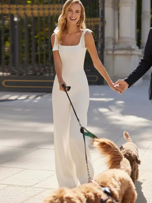 Bridal Jumpsuit Stretch Crepe Bows Floor-Length Jumpsuit Square Neck Sleeveless Natural Waist Ivory