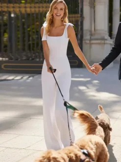 Bridal Jumpsuit Stretch Crepe Bows Floor-Length Jumpsuit Square Neck Sleeveless Natural Waist Ivory