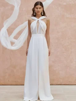 Bridal Jumpsuit Stretch Crepe Cut Out Floor-Length Jumpsuit Designed Neckline Sleeveless Natural Waist Ivory