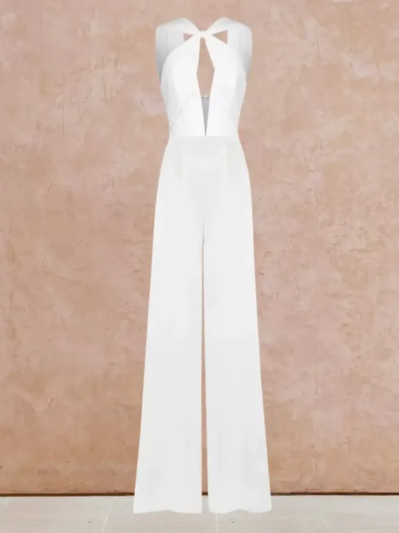 Bridal Jumpsuit Stretch Crepe Cut Out Floor-Length Jumpsuit Designed Neckline Sleeveless Natural Waist Ivory