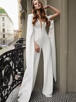 Bridal Jumpsuit Stretch Crepe Floor-Length Jumpsuit V-Neck Long Sleeves 30cm Natural Waist Ivory