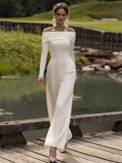 Bridal Jumpsuit Stretch Crepe Pleated Ankle-Length Jumpsuit Bateau Neck Long Sleeves Natural Waist White