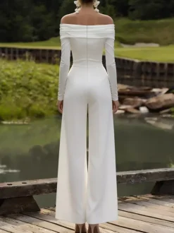 Bridal Jumpsuit Stretch Crepe Pleated Ankle-Length Jumpsuit Bateau Neck Long Sleeves Natural Waist White