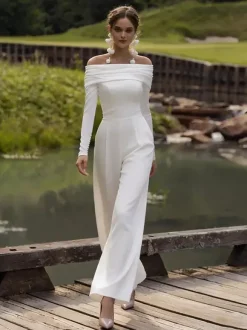 Bridal Jumpsuit Stretch Crepe Pleated Ankle-Length Jumpsuit Bateau Neck Long Sleeves Natural Waist White