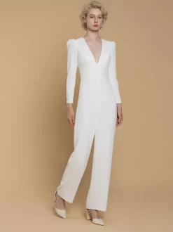 Bridal Jumpsuit Stretch Crepe Buttons Floor-Length Jumpsuit V-Neck Long Sleeves Natural Waist Ivory