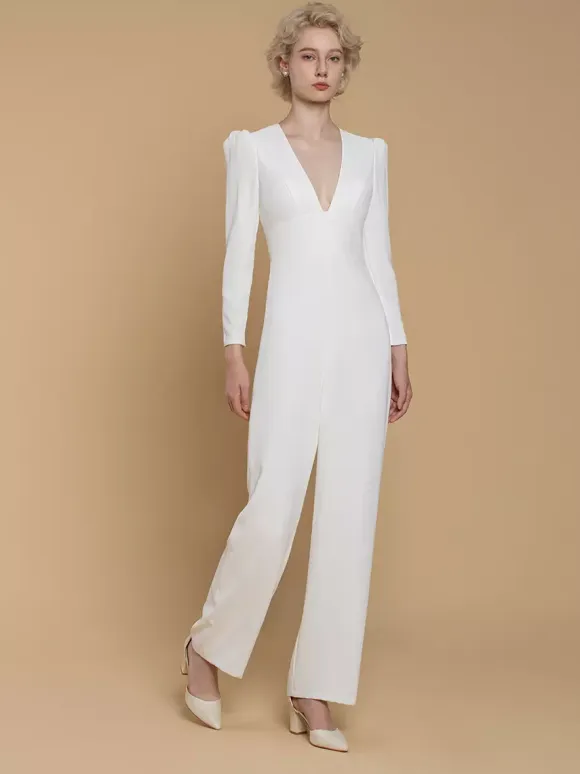 Bridal Jumpsuit Stretch Crepe Buttons Floor-Length Jumpsuit V-Neck Long Sleeves Natural Waist Ivory