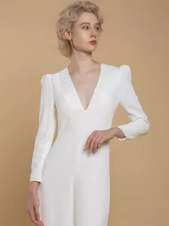 Bridal Jumpsuit Stretch Crepe Buttons Floor-Length Jumpsuit V-Neck Long Sleeves Natural Waist Ivory