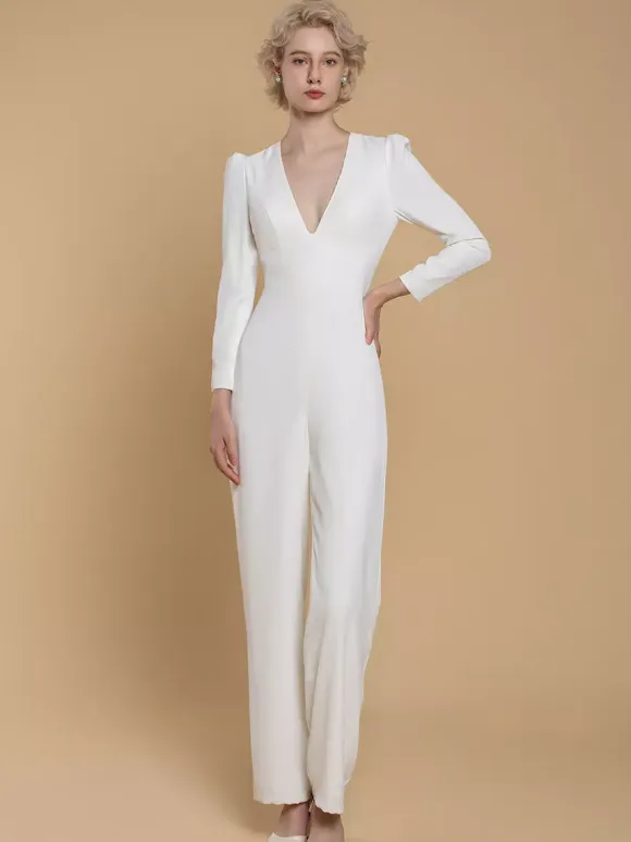 Bridal Jumpsuit Stretch Crepe Buttons Floor-Length Jumpsuit V-Neck Long Sleeves Natural Waist Ivory
