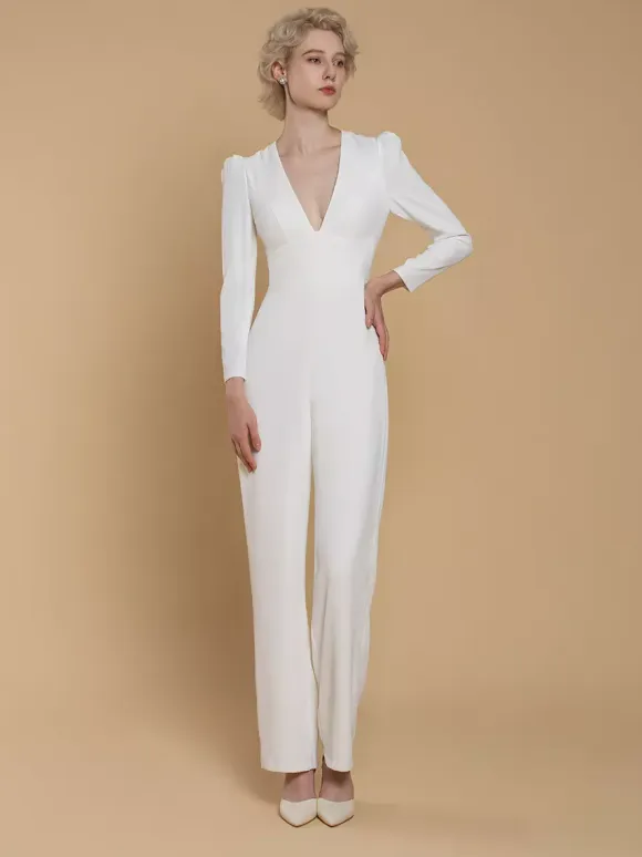 Bridal Jumpsuit Stretch Crepe Buttons Floor-Length Jumpsuit V-Neck Long Sleeves Natural Waist Ivory