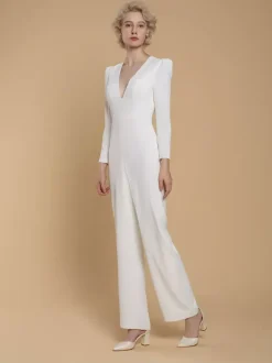 Bridal Jumpsuit Stretch Crepe Buttons Floor-Length Jumpsuit V-Neck Long Sleeves Natural Waist Ivory