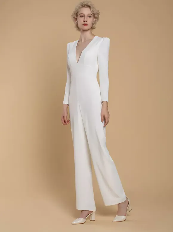 Bridal Jumpsuit Stretch Crepe Buttons Floor-Length Jumpsuit V-Neck Long Sleeves Natural Waist Ivory