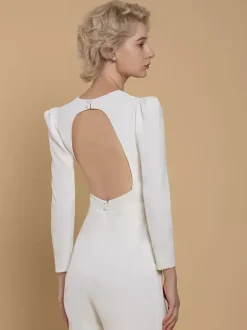 Bridal Jumpsuit Stretch Crepe Buttons Floor-Length Jumpsuit V-Neck Long Sleeves Natural Waist Ivory