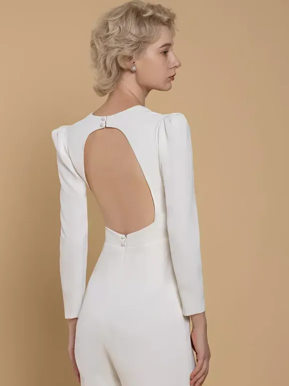 Bridal Jumpsuit Stretch Crepe Buttons Floor-Length Jumpsuit V-Neck Long Sleeves Natural Waist Ivory