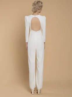Bridal Jumpsuit Stretch Crepe Buttons Floor-Length Jumpsuit V-Neck Long Sleeves Natural Waist Ivory