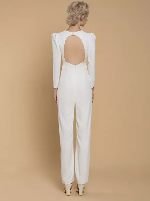 Bridal Jumpsuit Stretch Crepe Buttons Floor-Length Jumpsuit V-Neck Long Sleeves Natural Waist Ivory