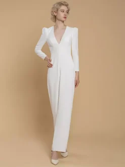 Bridal Jumpsuit Stretch Crepe Buttons Floor-Length Jumpsuit V-Neck Long Sleeves Natural Waist Ivory