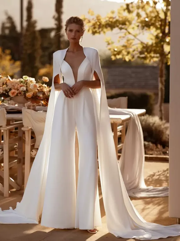 Bridal Jumpsuit Stretch Crepe Sash Floor-Length Jumpsuit V-Neck Sleeveless Natural Waist Ivory