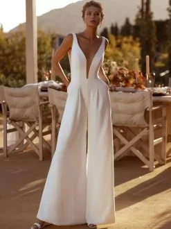 Bridal Jumpsuit Stretch Crepe Sash Floor-Length Jumpsuit V-Neck Sleeveless Natural Waist Ivory